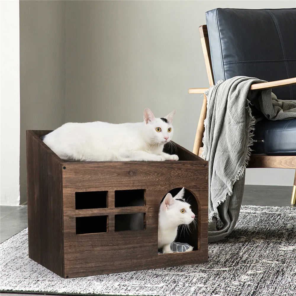 Wooden Cat Cave & Lounge with Cushion Pad