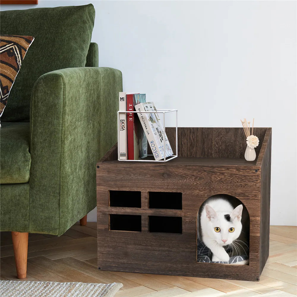 Wooden Cat Cave & Lounge with Cushion Pad