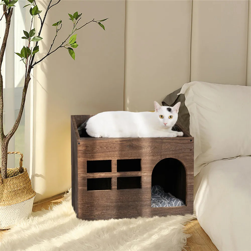 Wooden Cat Cave & Lounge with Cushion Pad