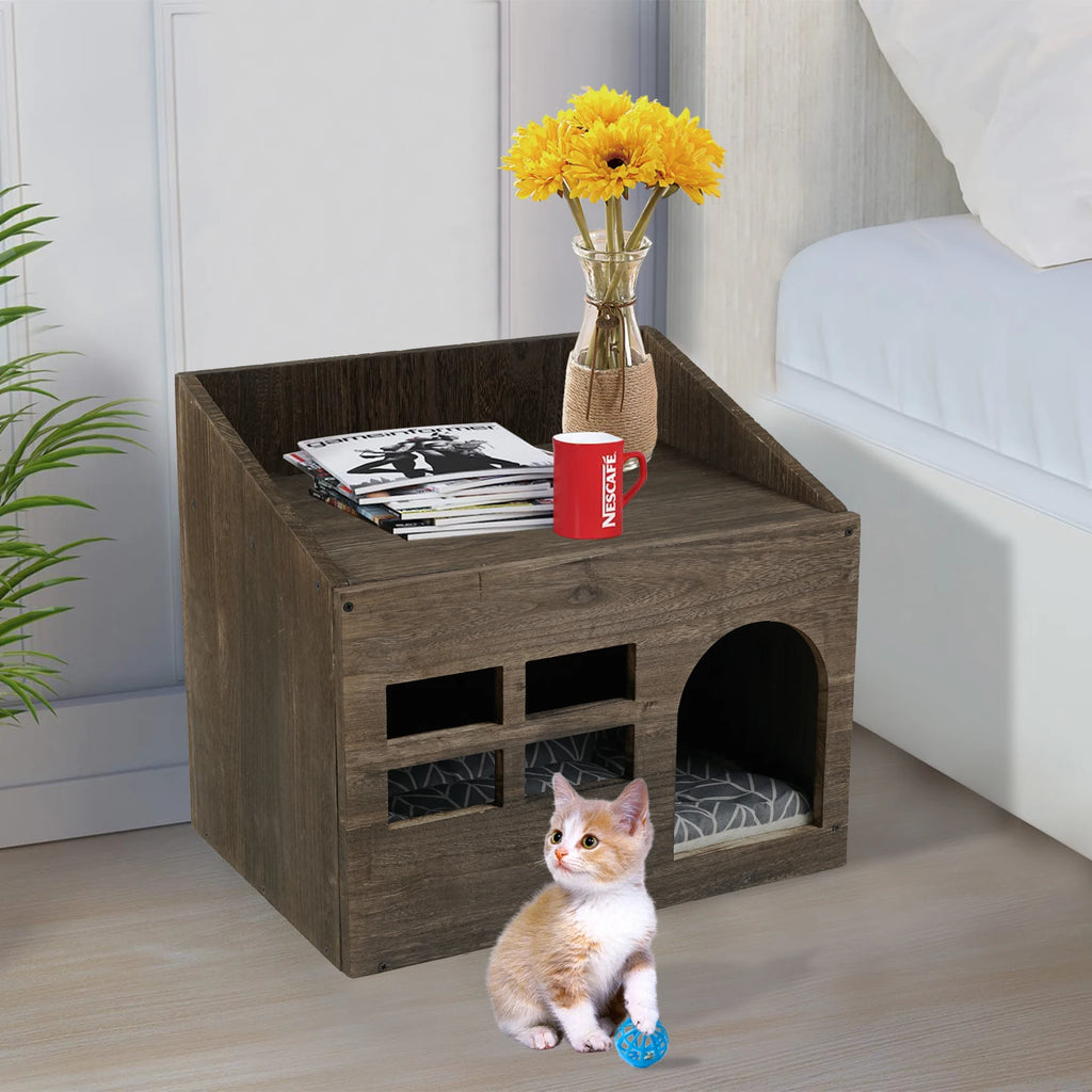 Wooden Cat Cave & Lounge with Cushion Pad