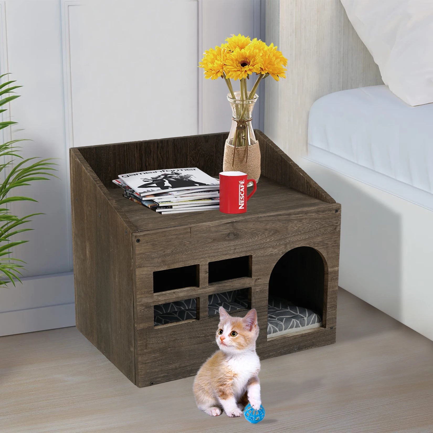 Wooden Cat Cave & Lounge with Cushion Pad