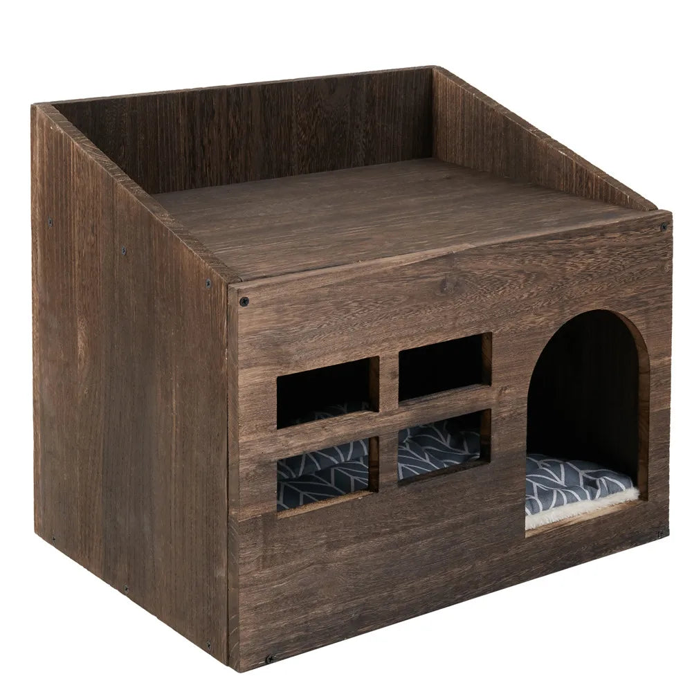 Wooden Cat Cave & Lounge with Cushion Pad