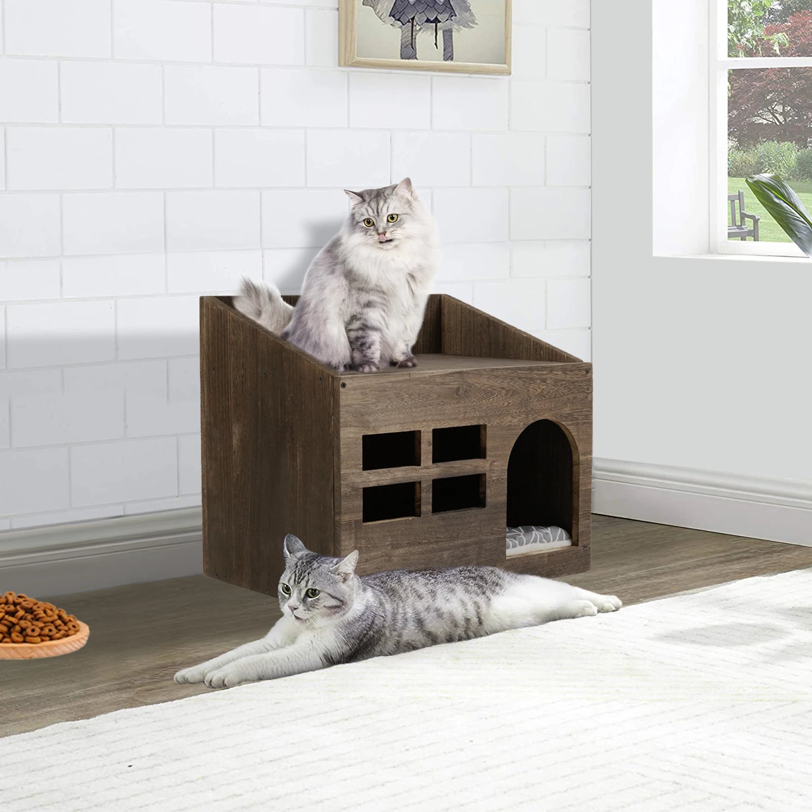 Wooden Cat Cave & Lounge with Cushion Pad