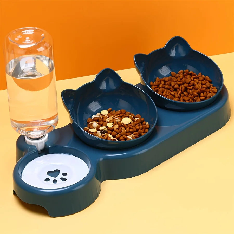 3-in-1 Tilted Cat & Dog Bowl Set with Gravity Water Feeder