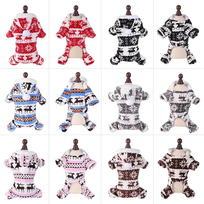 Winter Dog Christmas Jumpsuit Clothes Warm Plush Pet Pajamas
