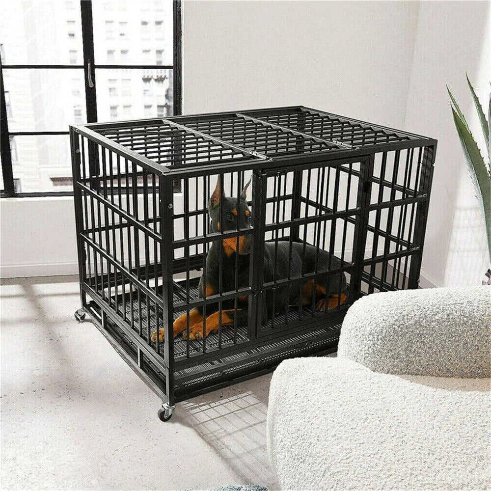 XXL Strong Dog Cage with Lockable Wheels & Tray