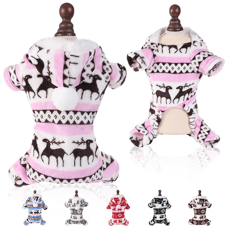 Winter Dog Christmas Jumpsuit Clothes Warm Plush Pet Pajamas