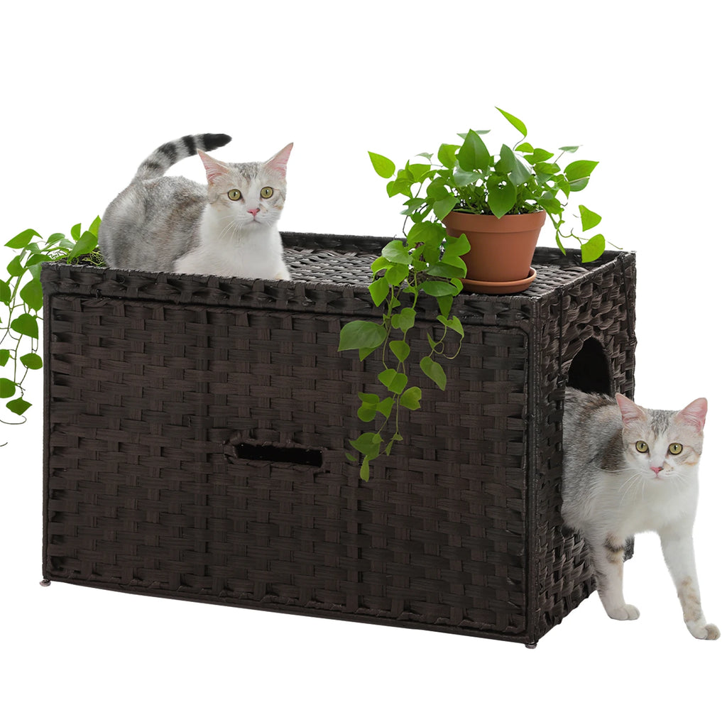 Handwoven Rattan Cat Litter Box Furniture with Door – Hidden Odor-Control Enclosure