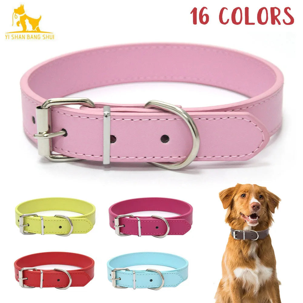 Solid Color Leather Dog Collar, Adjustable for Small & Medium Dogs