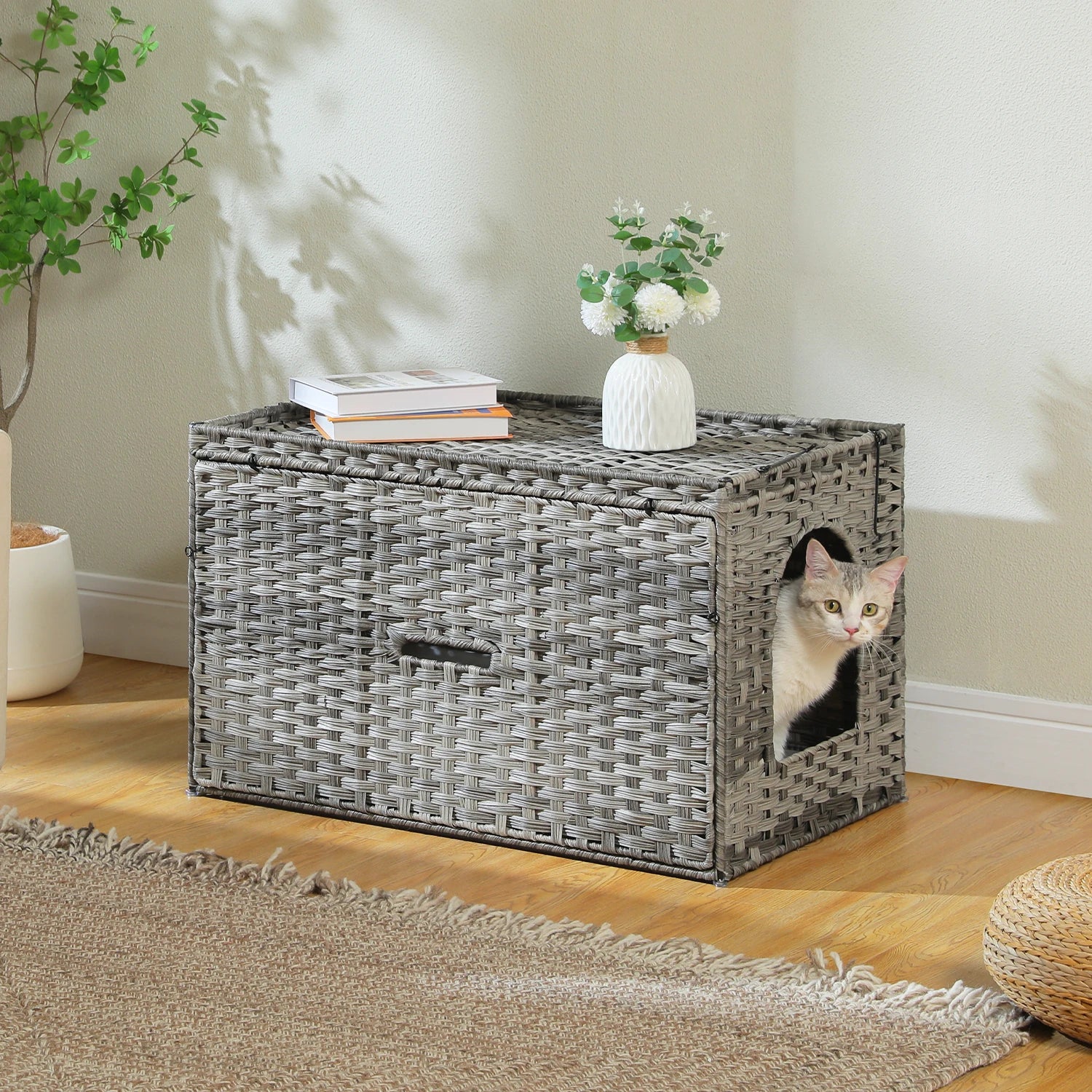Handwoven Rattan Cat Litter Box Furniture with Door – Hidden Odor-Control Enclosure