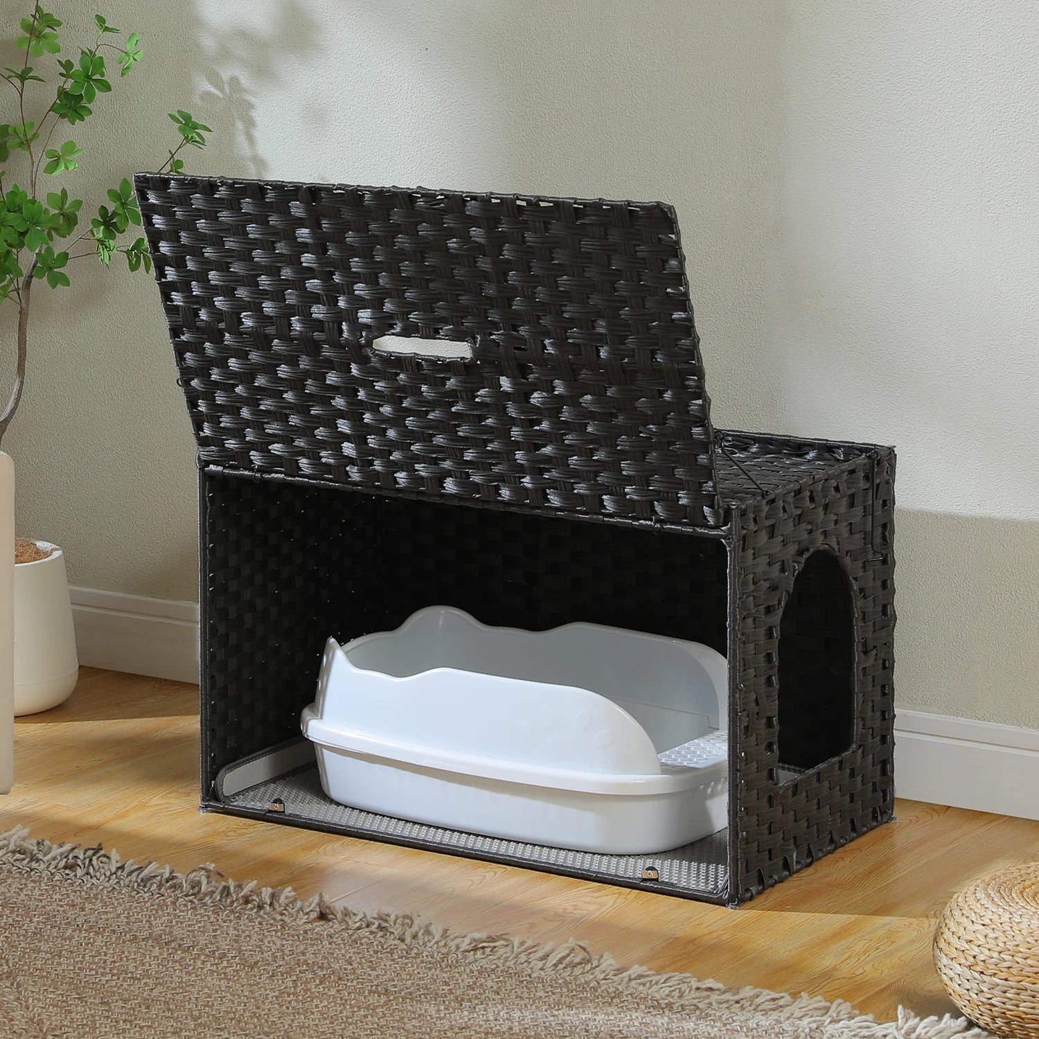Handwoven Rattan Cat Litter Box Furniture with Door – Hidden Odor-Control Enclosure