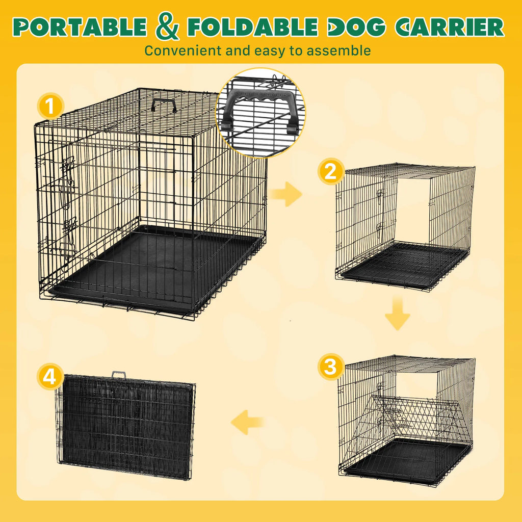 JHK Double-Door Folding Metal Dog Crate with Leak-Proof Tray – XL Indoor/Outdoor Kennel