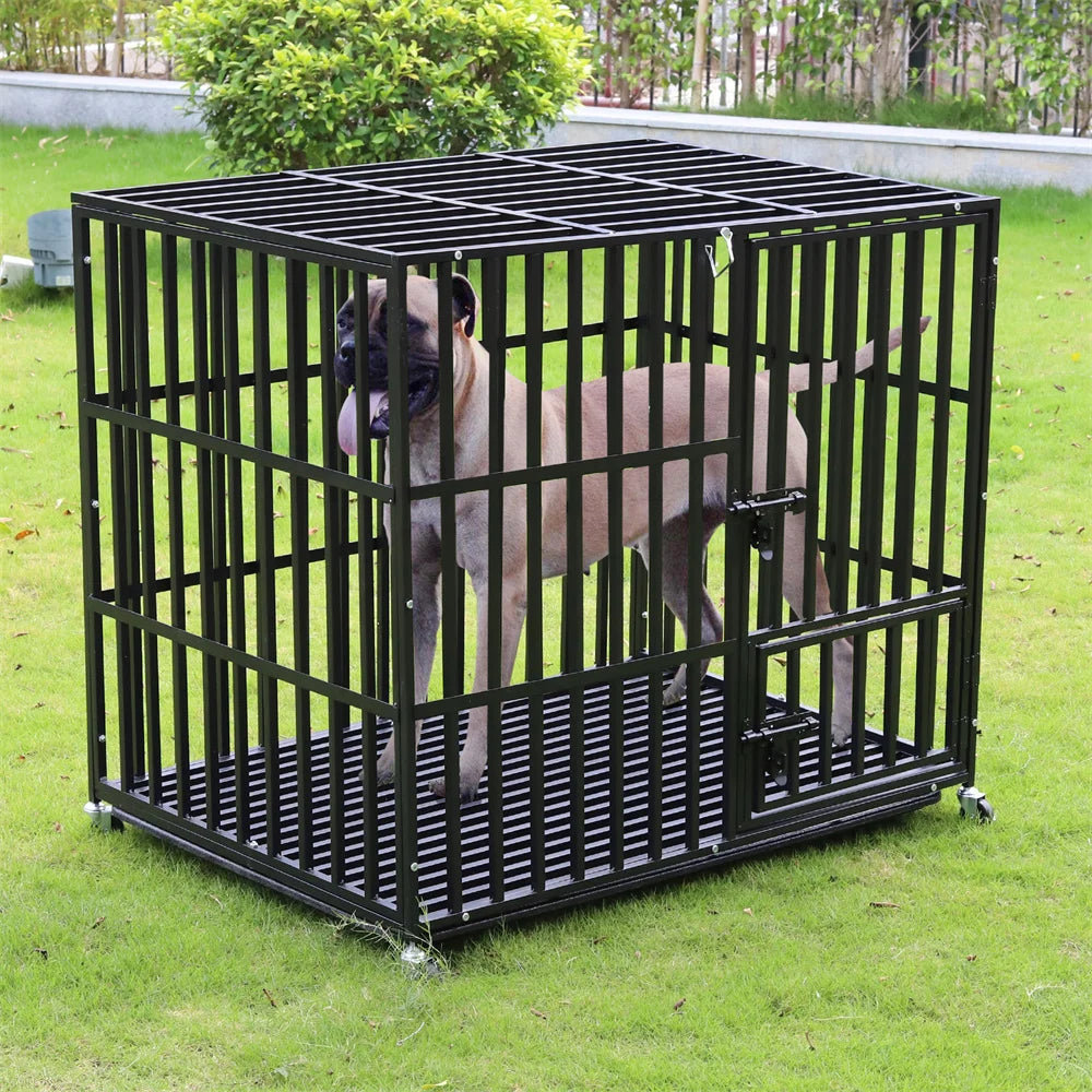 XXL Strong Dog Cage with Lockable Wheels & Tray