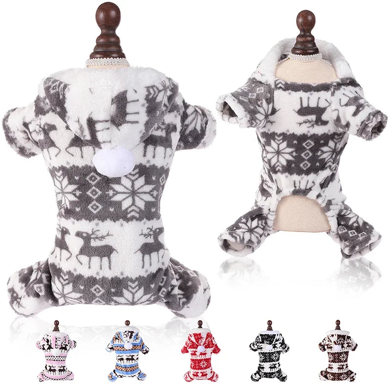 Winter Dog Christmas Jumpsuit Clothes Warm Plush Pet Pajamas