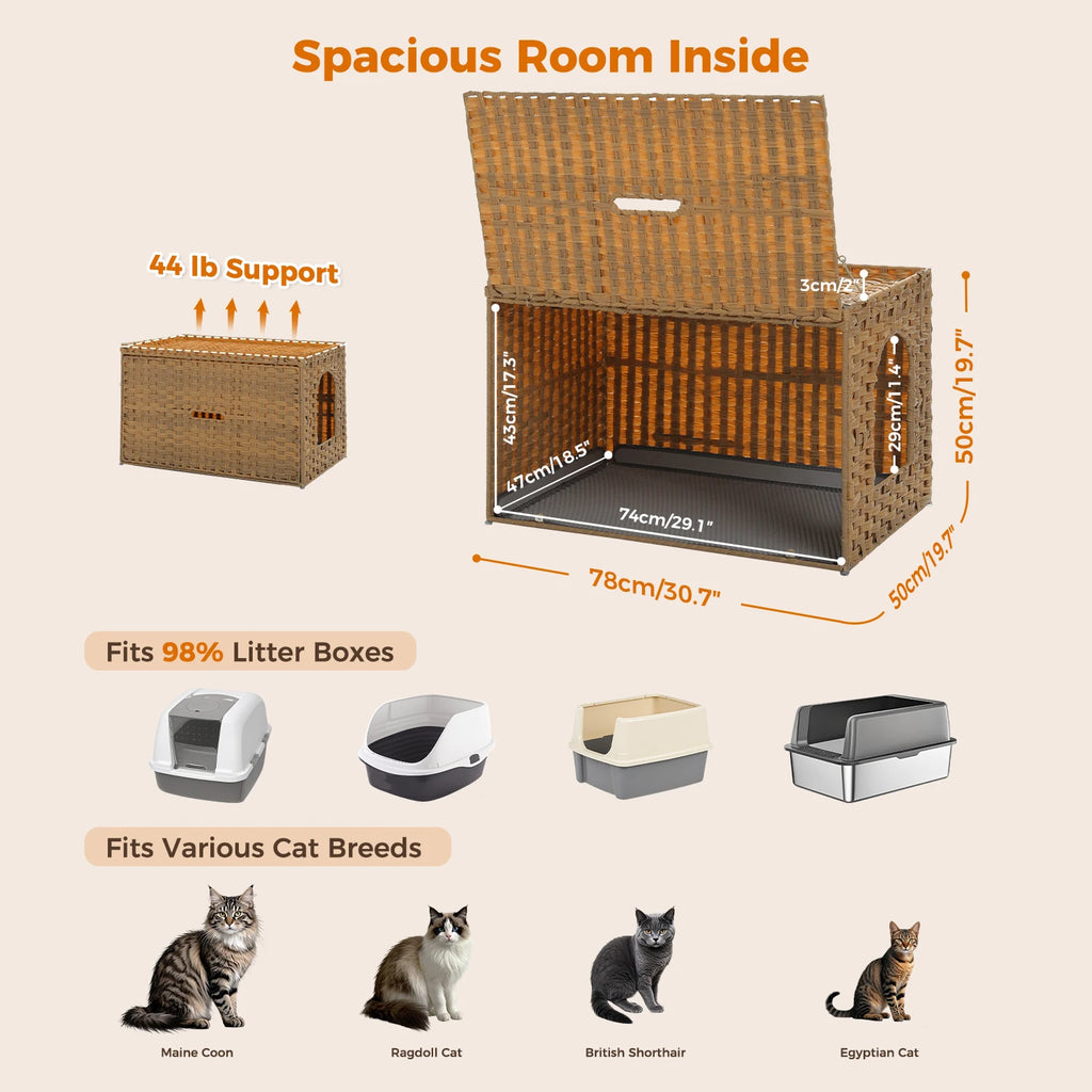 Handwoven Rattan Cat Litter Box Furniture with Door – Hidden Odor-Control Enclosure