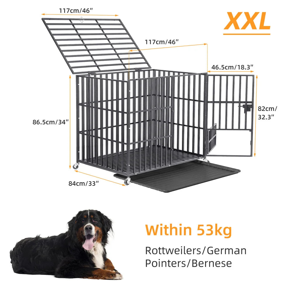 XXL Strong Dog Cage with Lockable Wheels & Tray