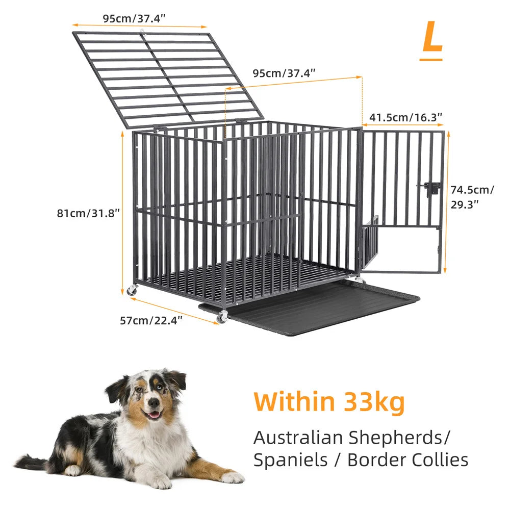 XXL Strong Dog Cage with Lockable Wheels & Tray