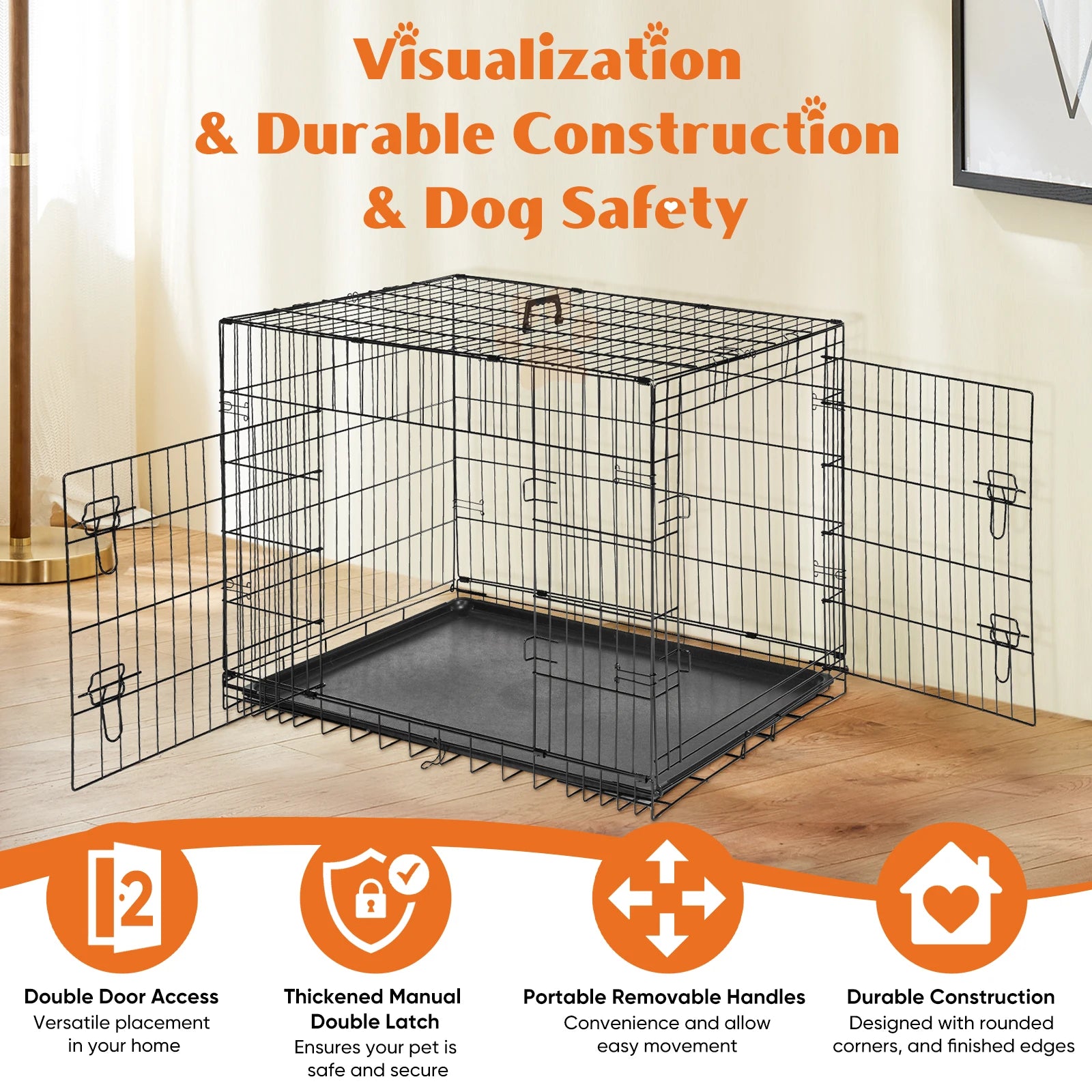 JHK Double-Door Folding Metal Dog Crate with Leak-Proof Tray – XL Indoor/Outdoor Kennel