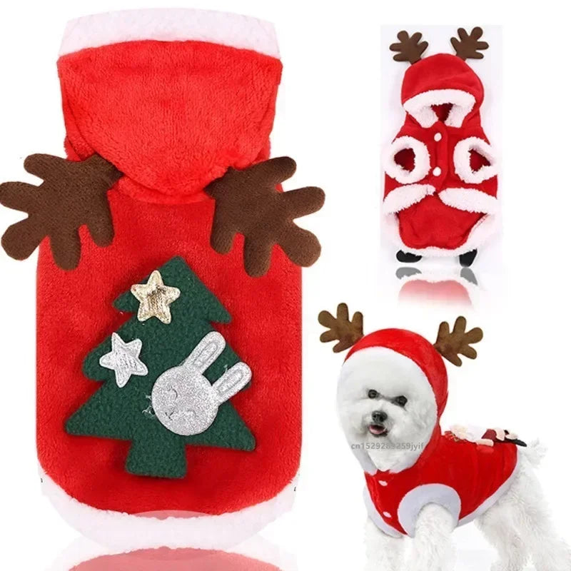 Christmas Dog Hoodie with Antlers – Festive Red Winter Coat for Pets