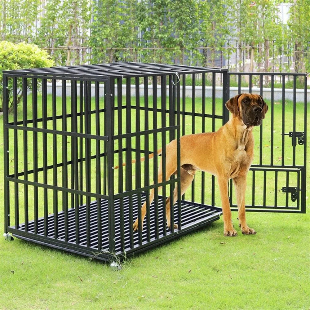 XXL Strong Dog Cage with Lockable Wheels & Tray