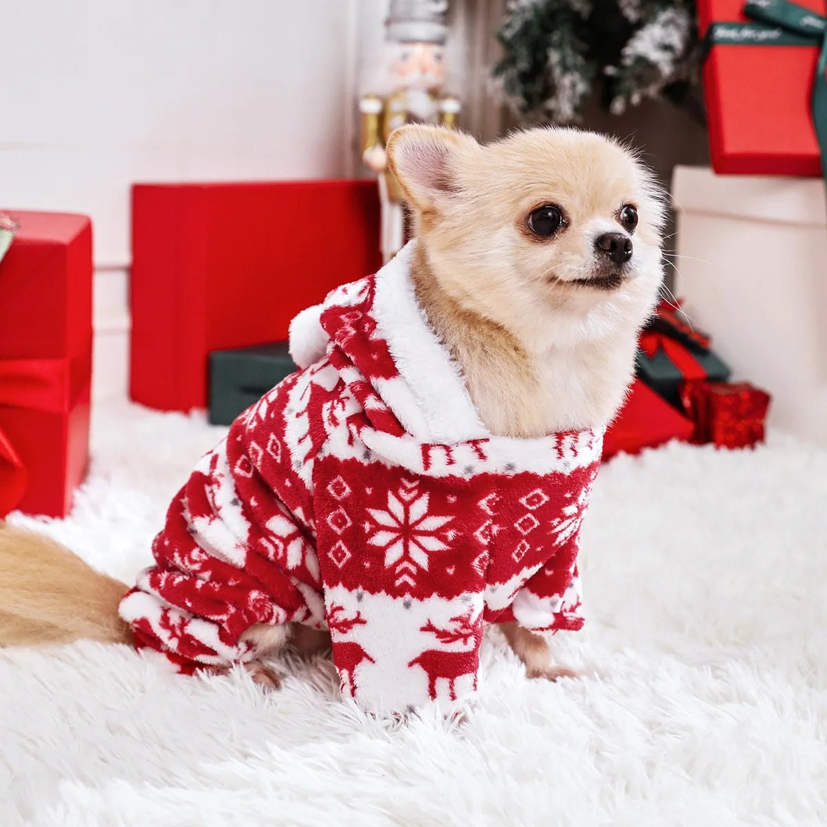 Winter Dog Christmas Jumpsuit Clothes Warm Plush Pet Pajamas