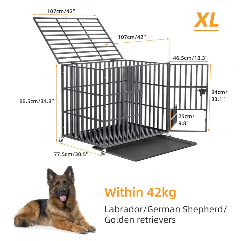 XXL Strong Dog Cage with Lockable Wheels & Tray