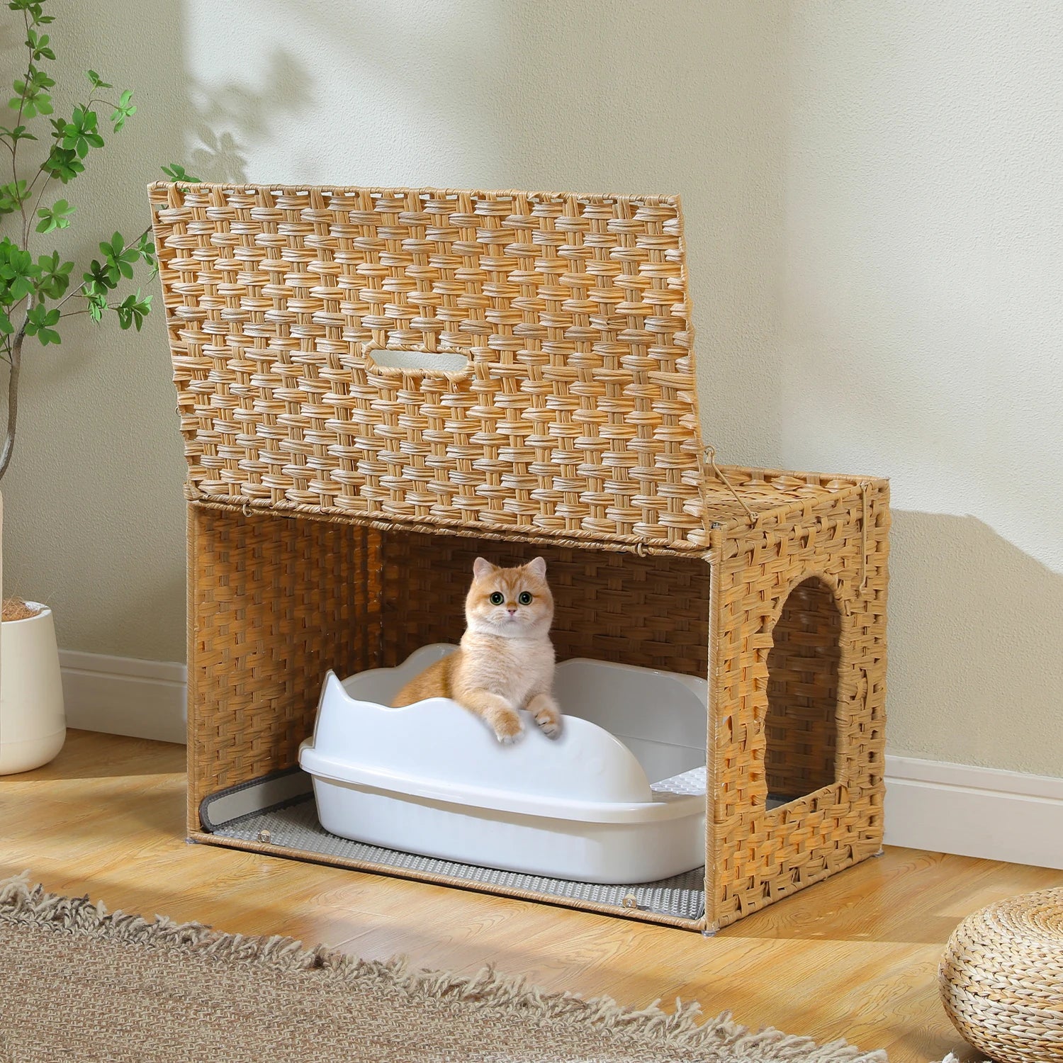 Handwoven Rattan Cat Litter Box Furniture with Door – Hidden Odor-Control Enclosure