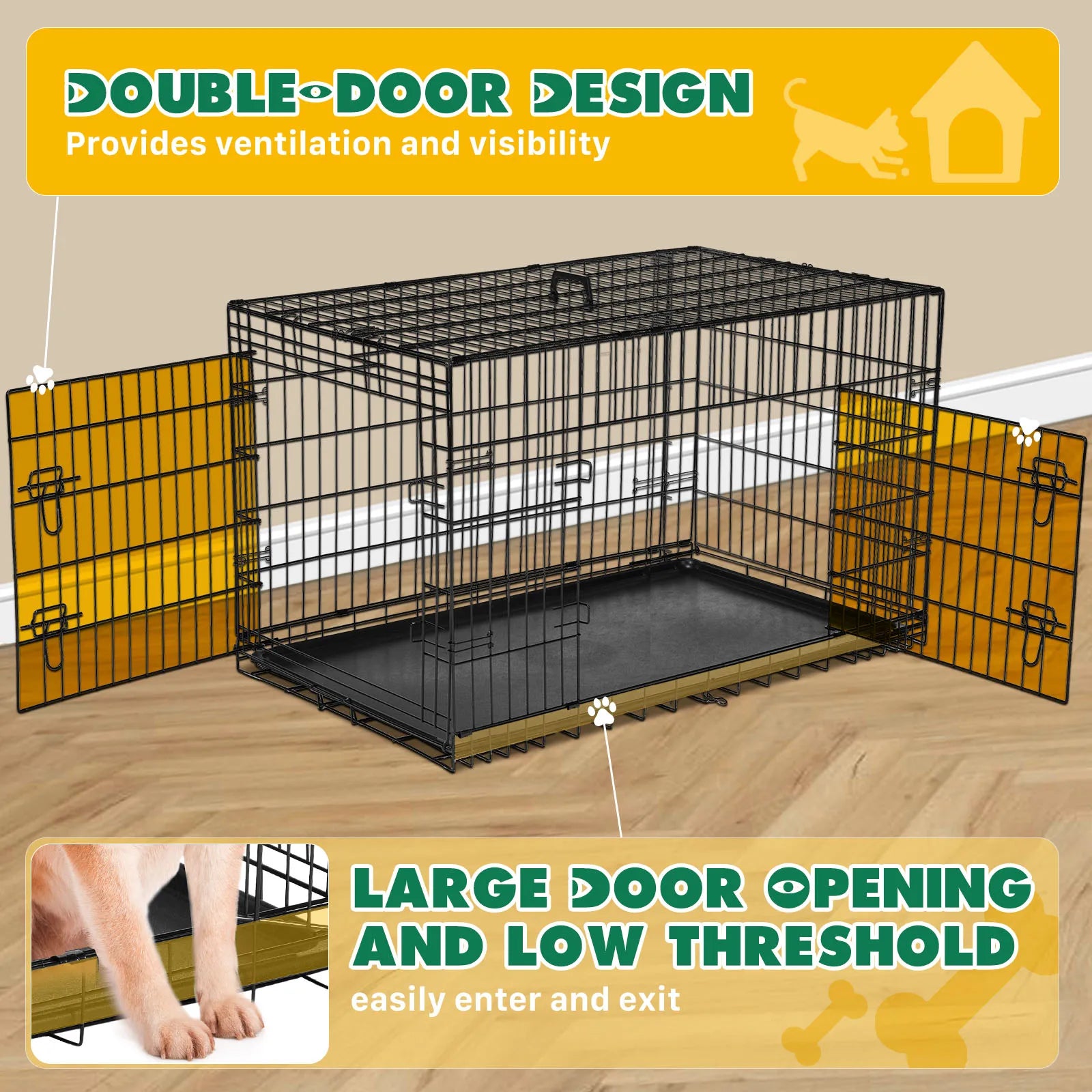 JHK Double-Door Folding Metal Dog Crate with Leak-Proof Tray – XL Indoor/Outdoor Kennel