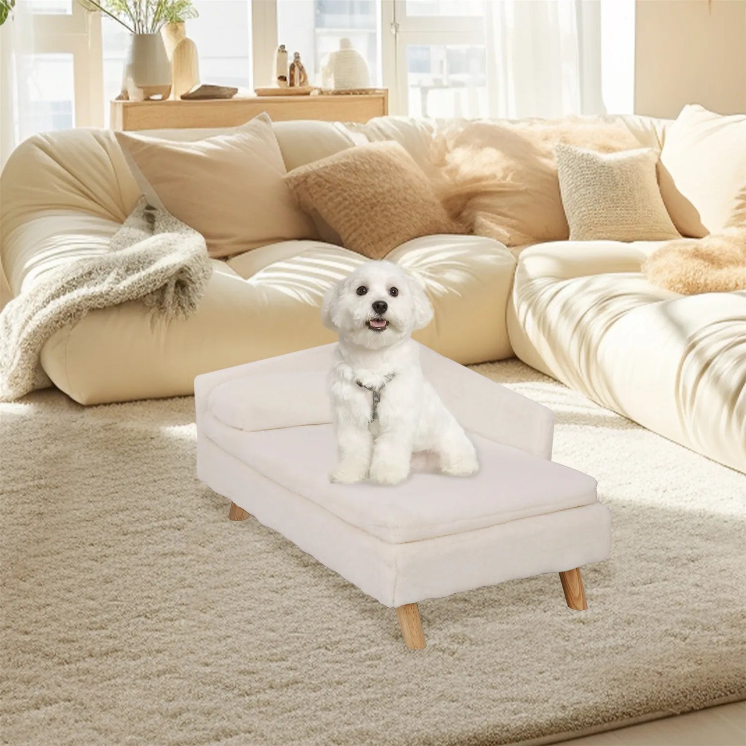 Elevated Nordic Pet Bed with Cozy Waterproof Pad & Wooden Legs