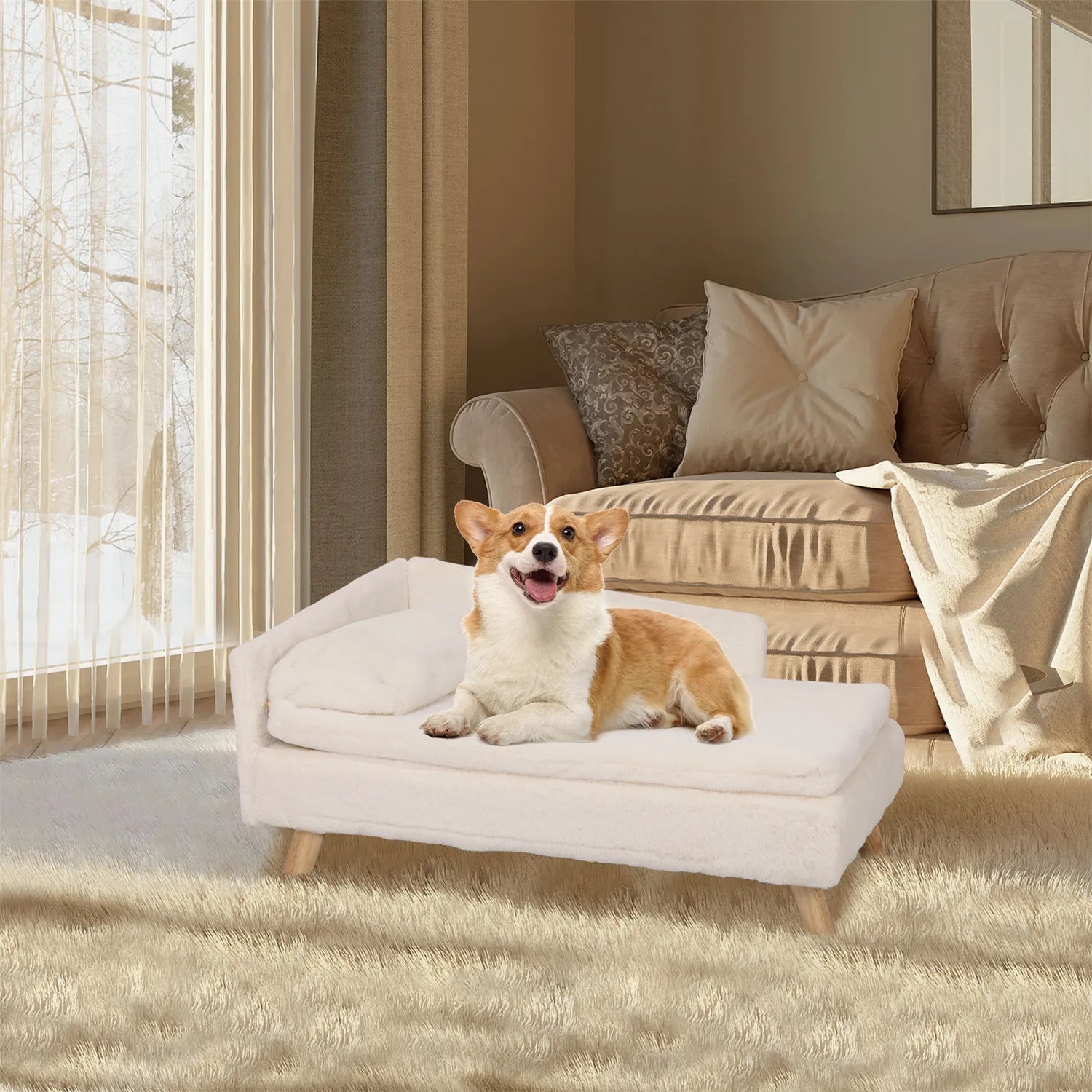 Elevated Nordic Pet Bed with Cozy Waterproof Pad & Wooden Legs