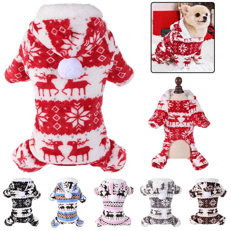 Winter Dog Christmas Jumpsuit Clothes Warm Plush Pet Pajamas
