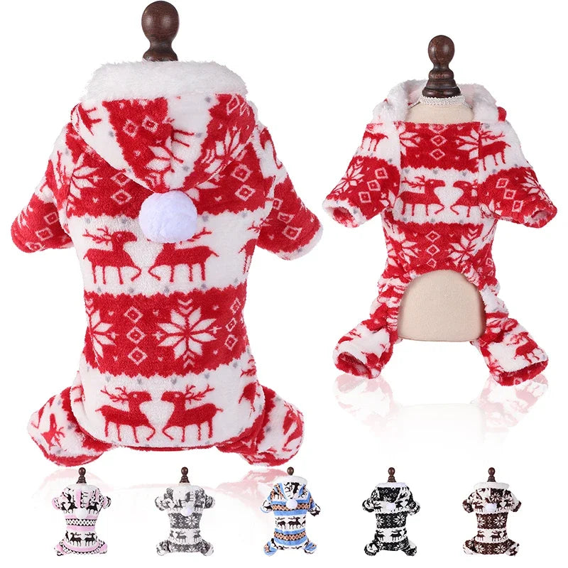 Winter Dog Christmas Jumpsuit Clothes Warm Plush Pet Pajamas
