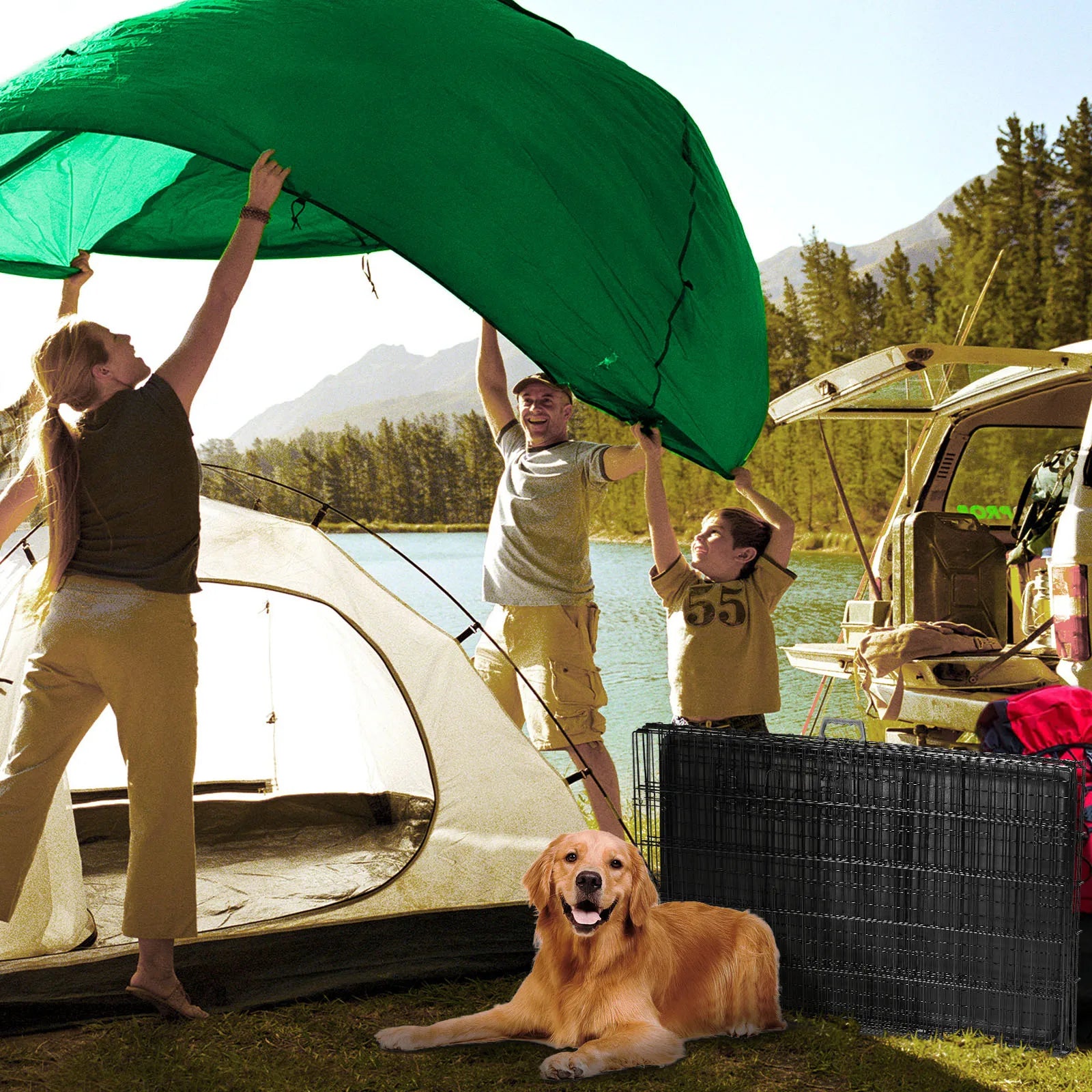 JHK Double-Door Folding Metal Dog Crate with Leak-Proof Tray – XL Indoor/Outdoor Kennel