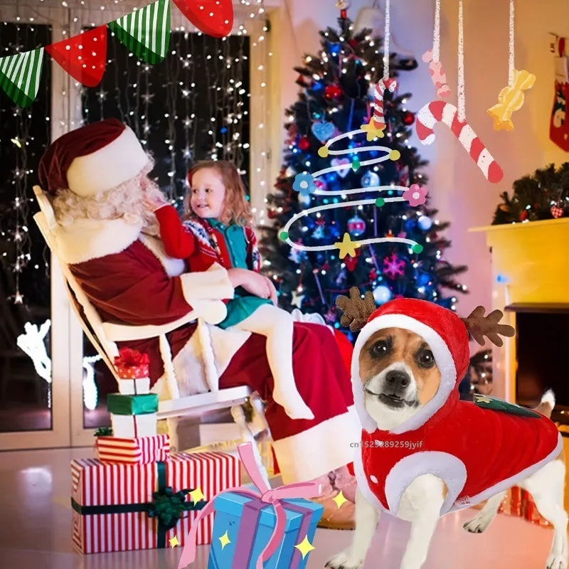 Christmas Dog Hoodie with Antlers – Festive Red Winter Coat for Pets