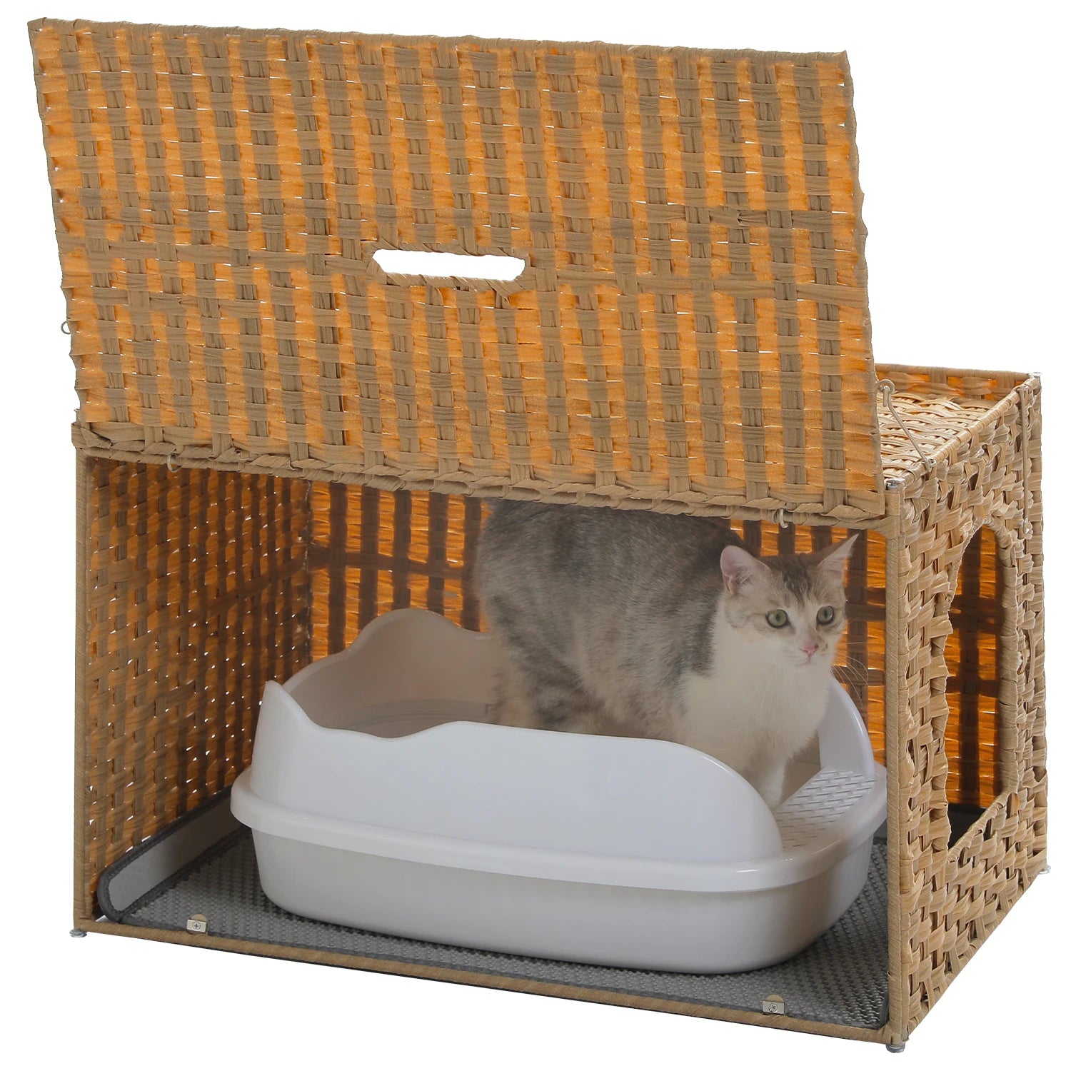 Handwoven Rattan Cat Litter Box Furniture with Door – Hidden Odor-Control Enclosure