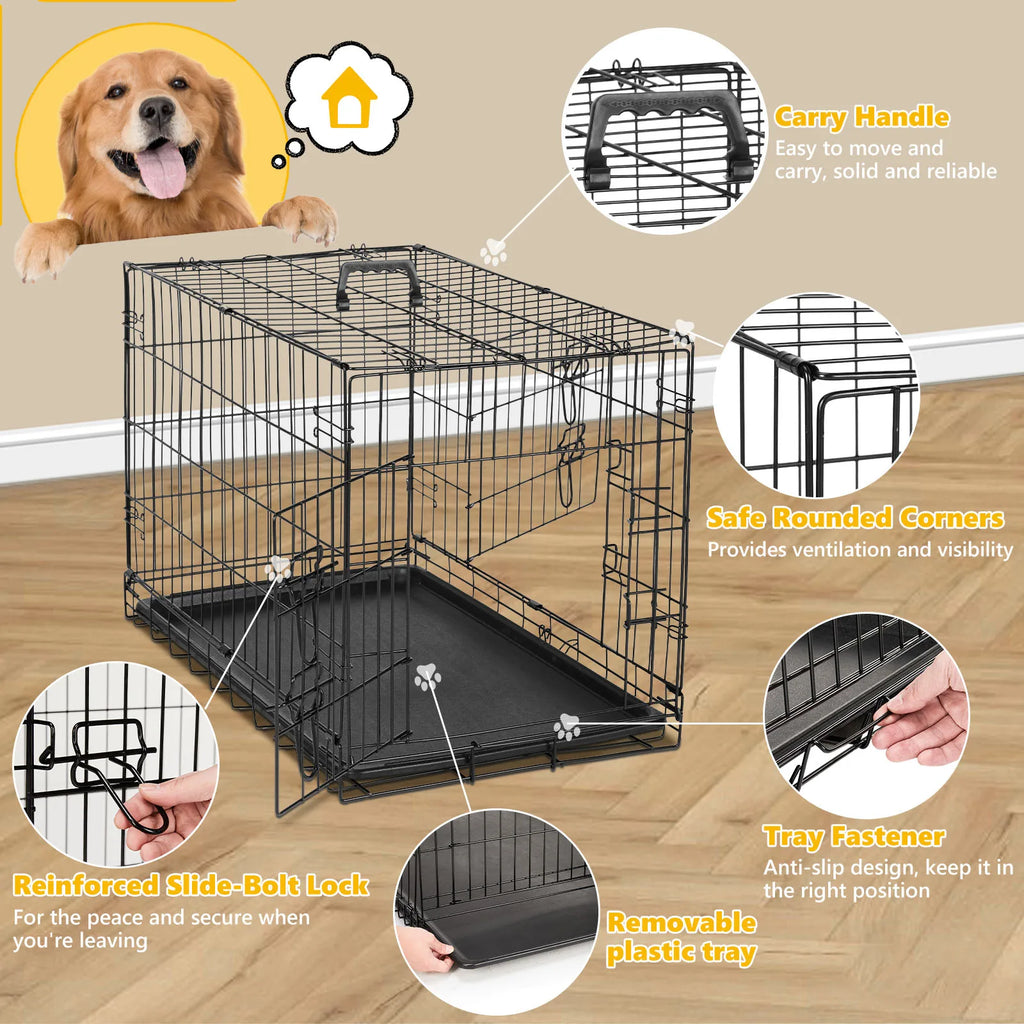 JHK Double-Door Folding Metal Dog Crate with Leak-Proof Tray – XL Indoor/Outdoor Kennel