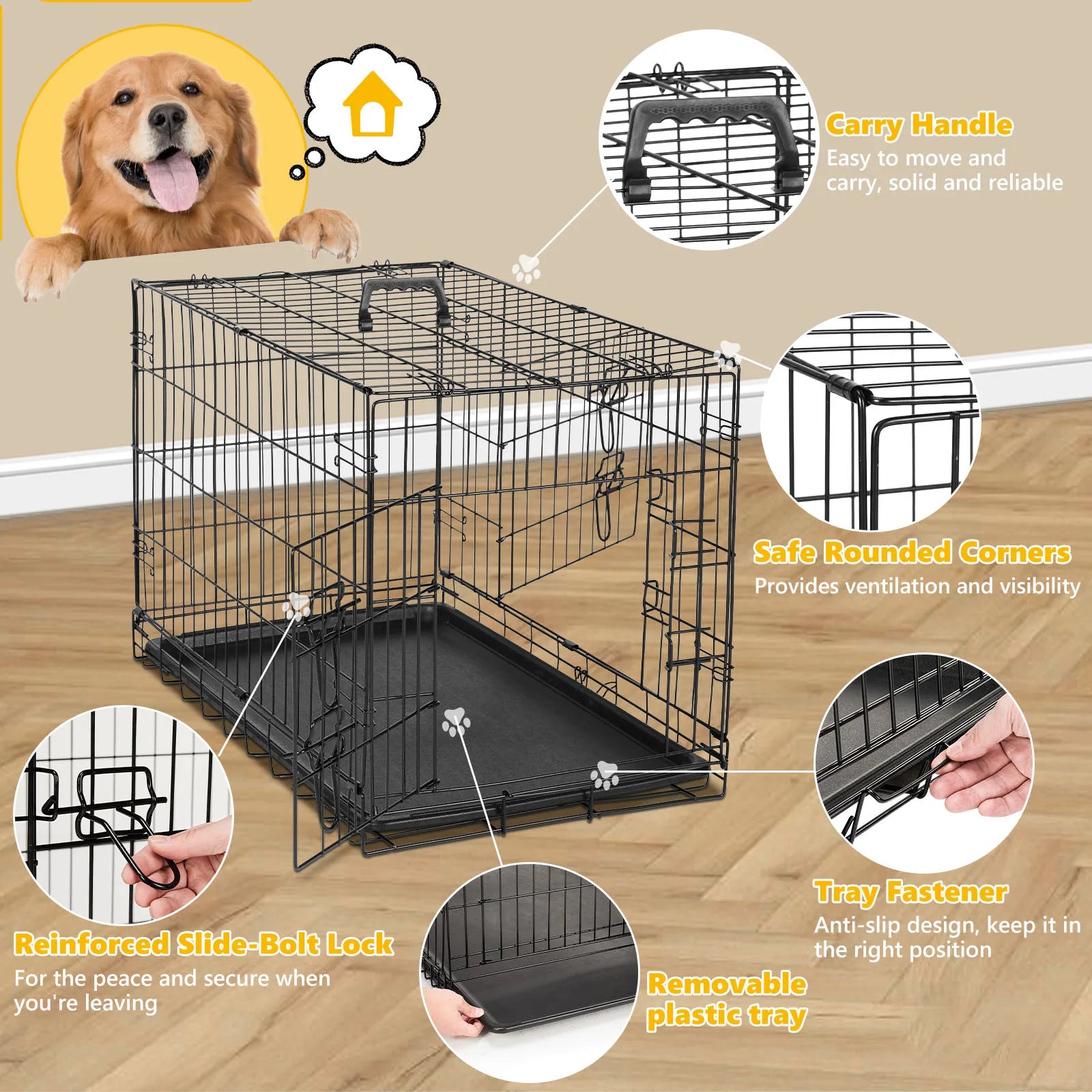 JHK Double-Door Folding Metal Dog Crate with Leak-Proof Tray – XL Indoor/Outdoor Kennel