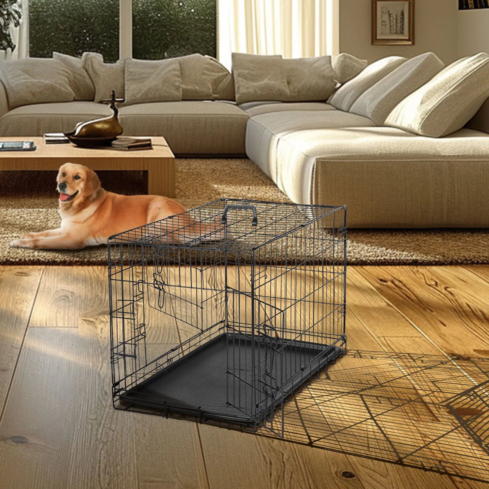 JHK Double-Door Folding Metal Dog Crate with Leak-Proof Tray – XL Indoor/Outdoor Kennel