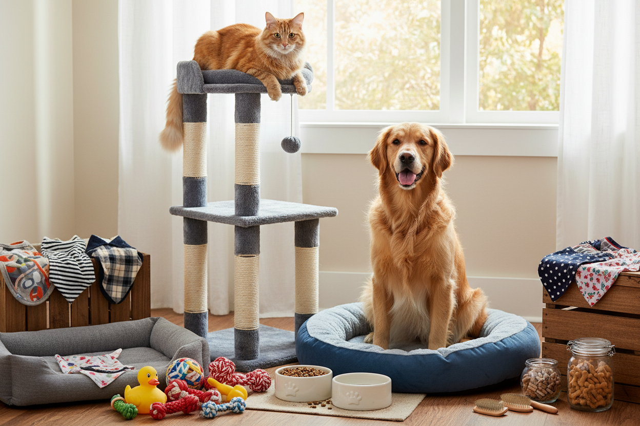 create a realisitic image that has a cat and a dog with essentials around them that they need like toys, a cat tree, pet apparel, bed 