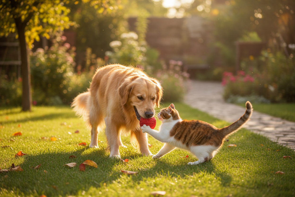 create a realistic image of a dog and cat playing