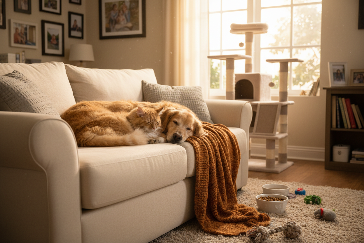 realisitic image of cat and dog laying on the couch with cat tree in background and toys in front